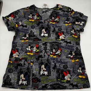 Disney Scrub Top Womens Mickey Minnie Mouse Halloween Trick Or Treat size M